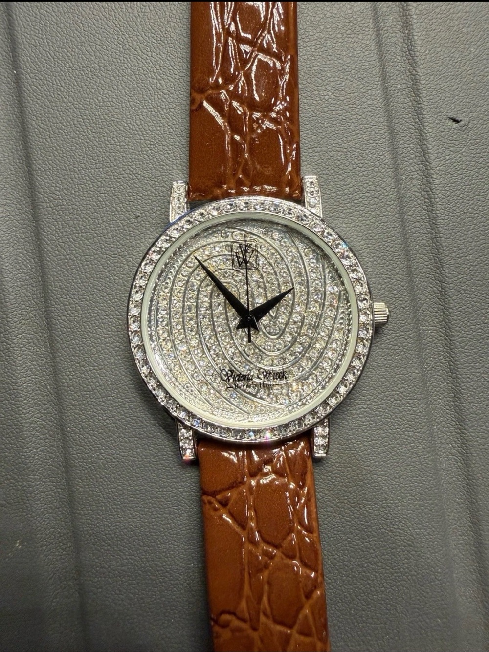 Victoria Wieck Silver Crystal Dial Watch with Brown Strap